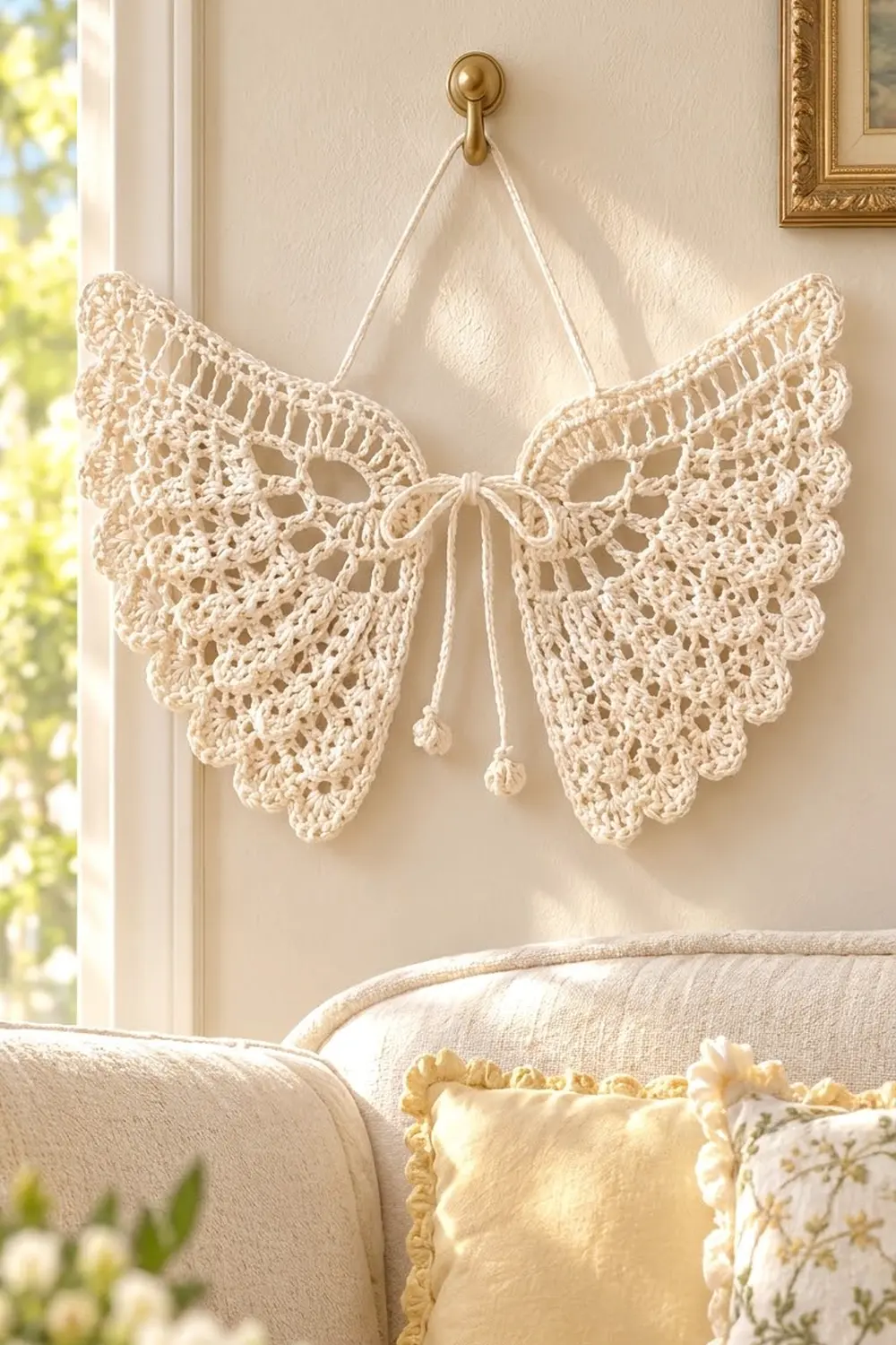 Cream-colored crocheted butterfly with open lacework design hanging on a beige wall above an upholstered sofa.