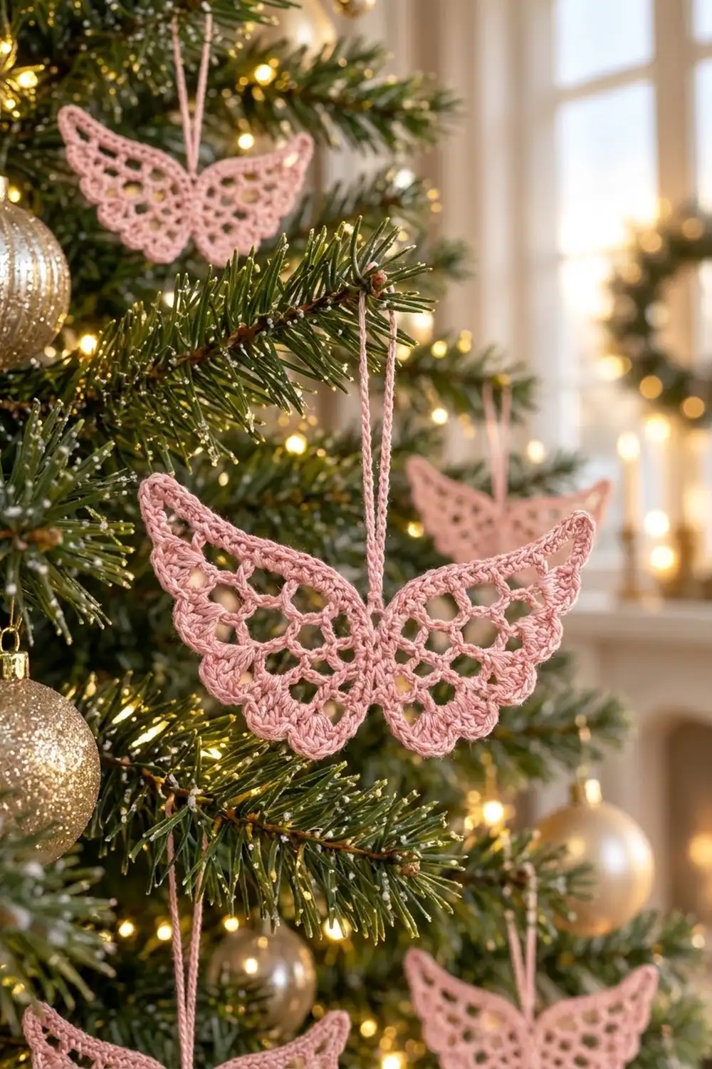 Pink crocheted angel wing ornaments hanging on a decorated Christmas tree with warm golden lights and metallic baubles.