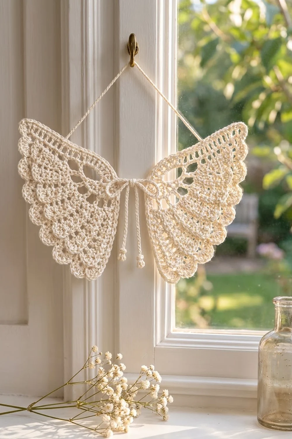Cream crochet butterfly ornament hanging in a sunny window with garden greenery visible outside.