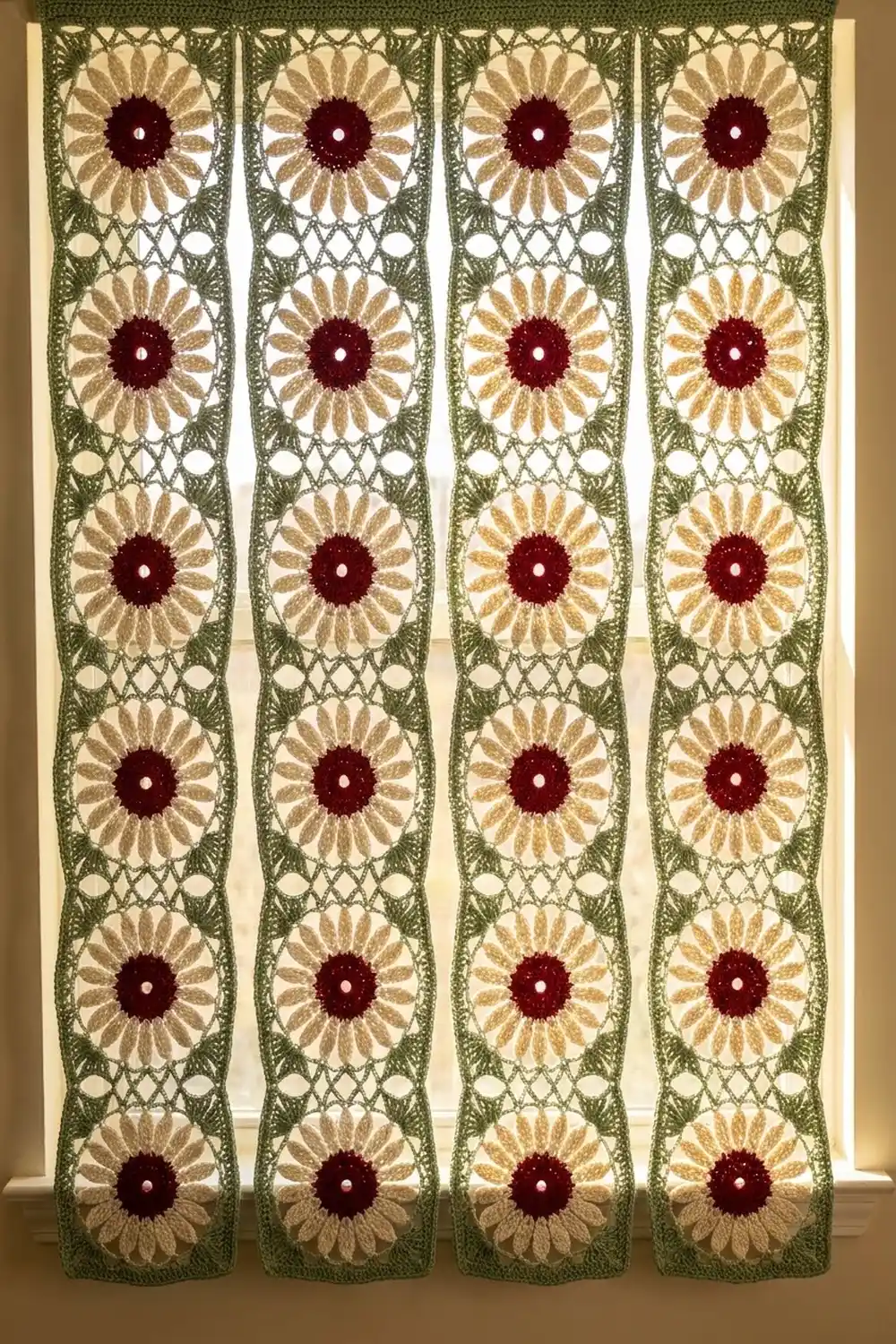 Four crocheted strips with repeating olive-green and cream sunflower motifs with burgundy centers hang against a neutral beige wall.