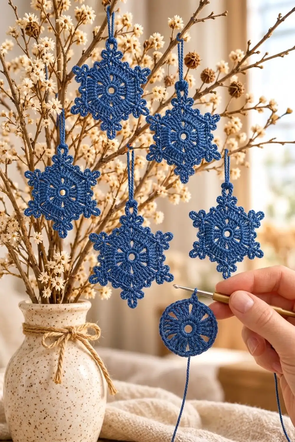 Blue crochet snowflake ornaments displayed among dried flowers in a cream vase, with a hand holding one with a hook.