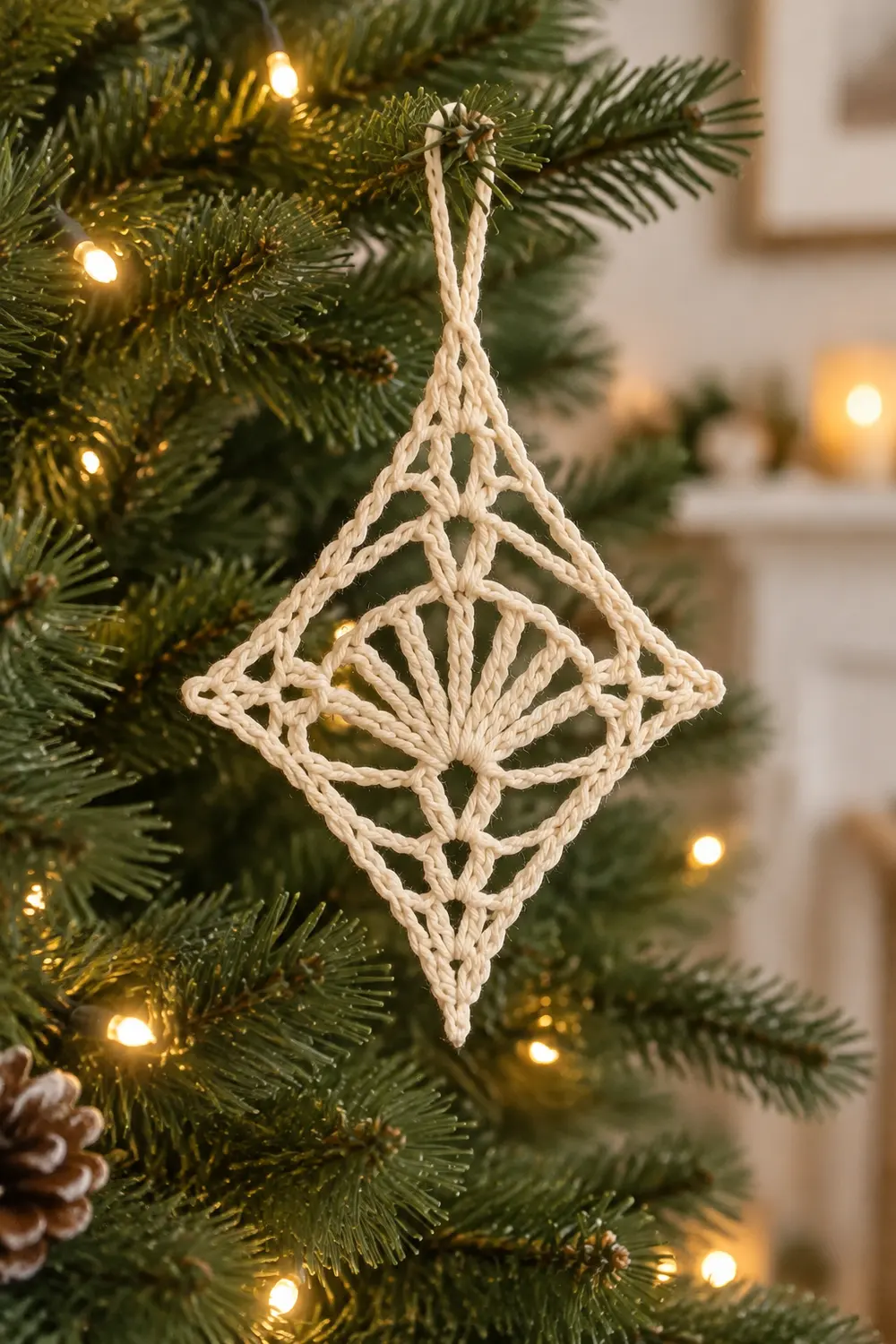 A cream macramé diamond ornament hangs on an evergreen branch with warm white lights and pine cones.
