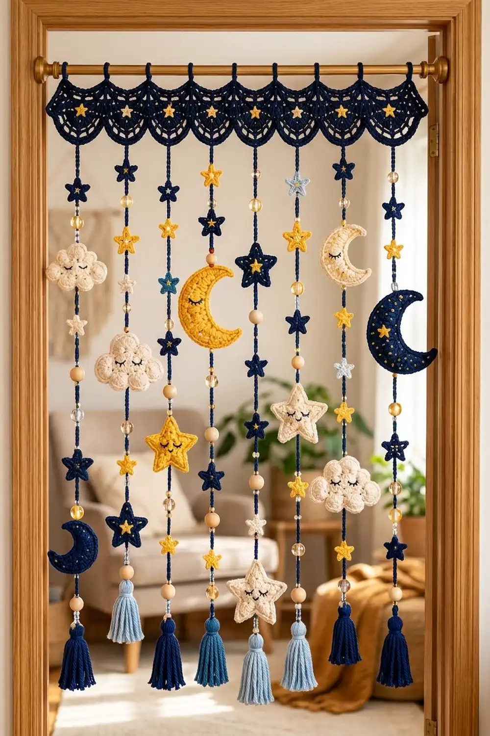 Handmade crocheted mobile with navy and gold stars, moons, and sleeping clouds with beaded strands and tassels hanging in a doorway.