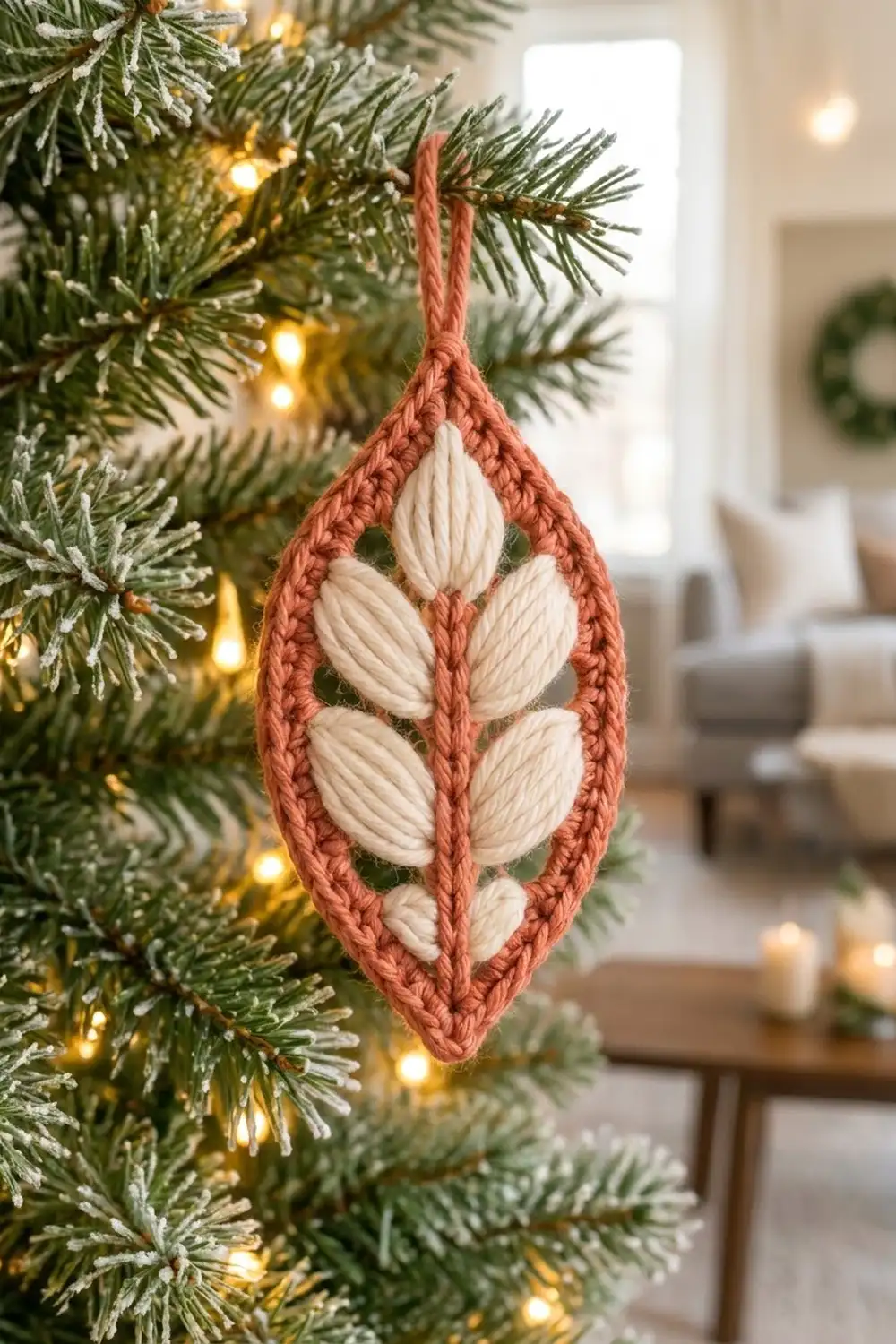 Rust-colored crocheted teardrop ornament with cream leaf details hanging on lit Christmas tree with green branches.