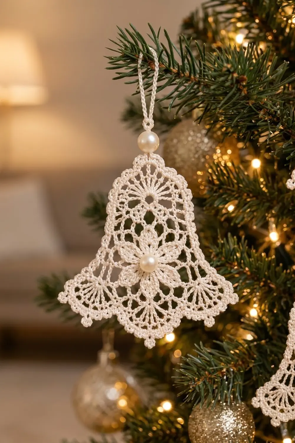 Intricate white crocheted bell ornament with pearl beads hanging on an evergreen tree branch amid warm golden lights.