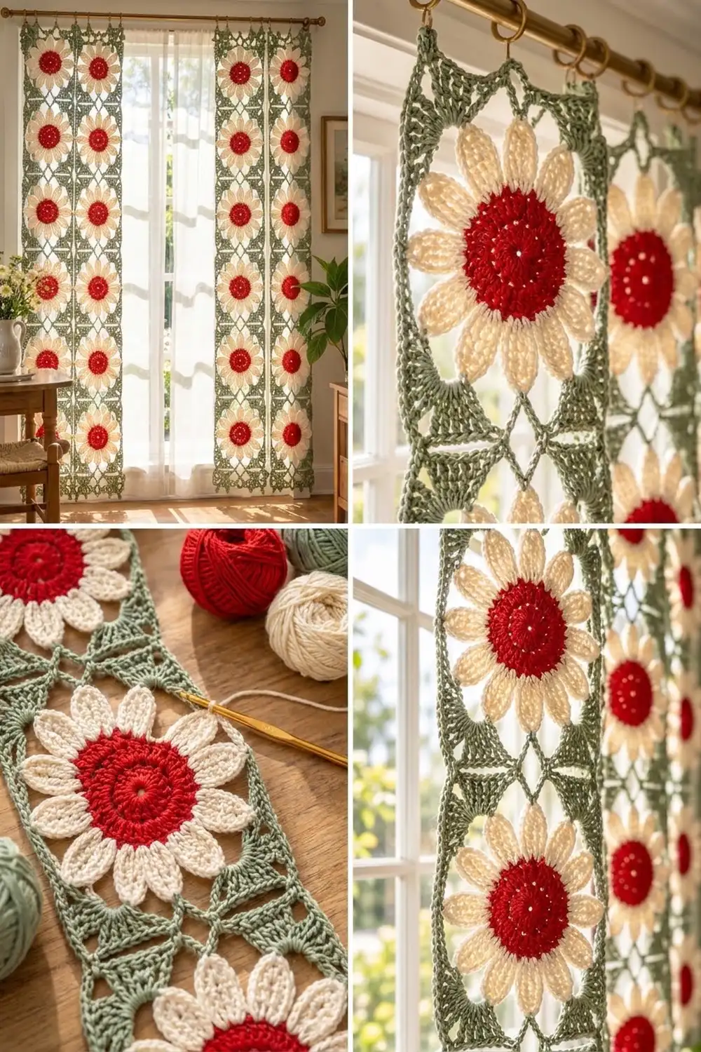 Crocheted curtain panels with red-centered white flowers and green stems hanging on a brass rod in a bright, sunlit window.