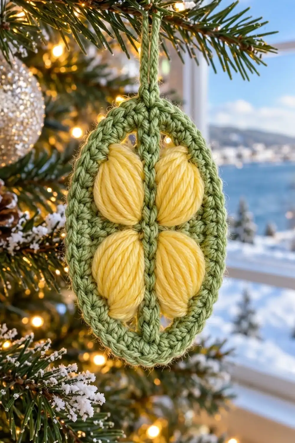 Yellow crocheted lemon ornament with green border hanging on a snowy Christmas tree with warm golden lights.