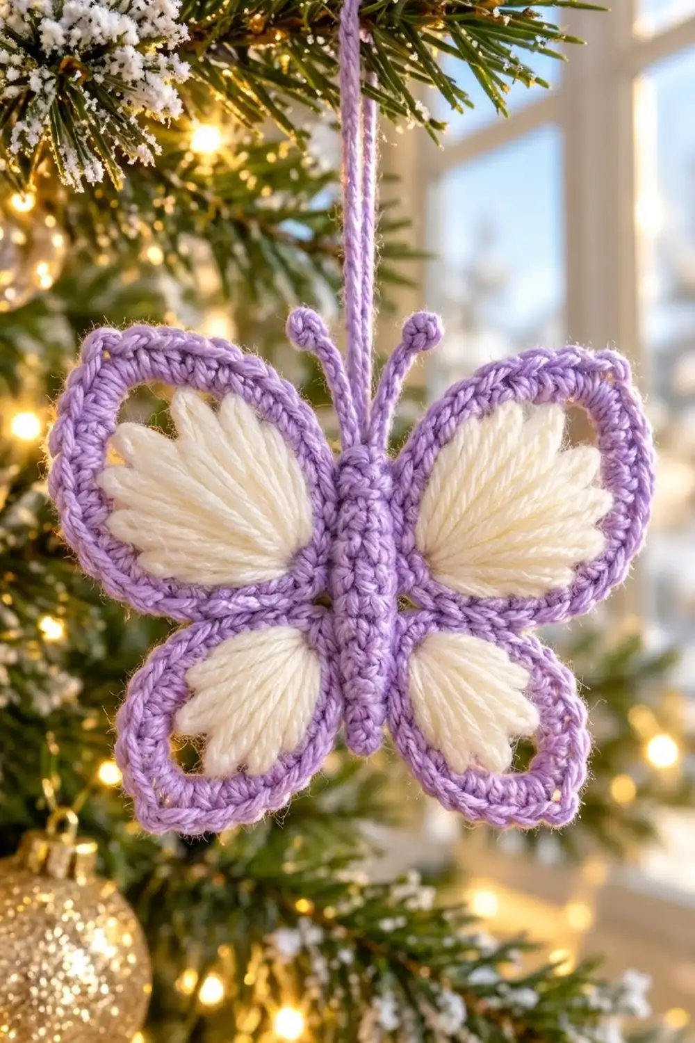 Purple and white crocheted butterfly ornament hanging on a Christmas tree with golden lights and frosted branches.