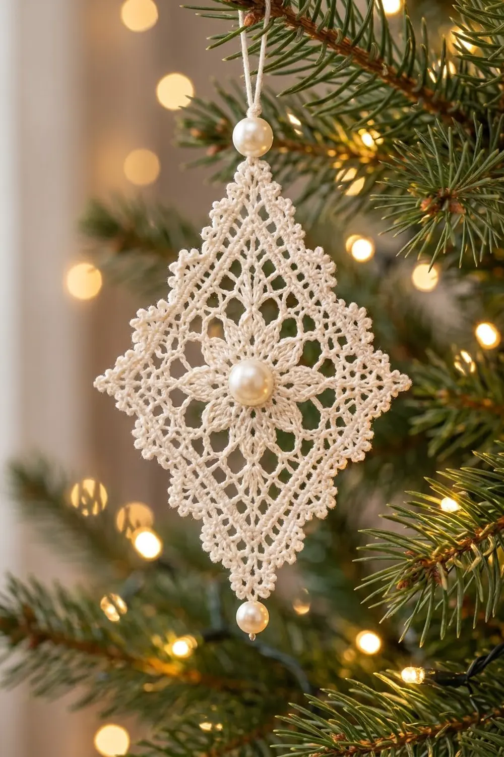 Cream crochet diamond ornament with pearl beads hanging on an evergreen tree branch with warm twinkling lights.