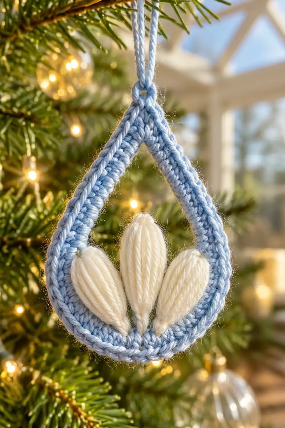 Light blue crocheted teardrop ornament with cream petals hangs on pine branch surrounded by golden fairy lights.