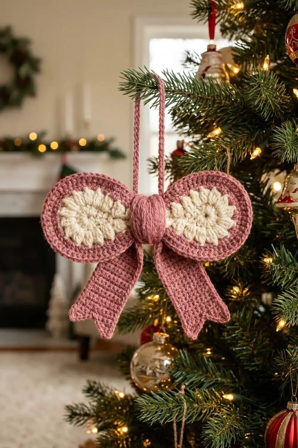 Pink crocheted bow with cream-colored wings hangs on a Christmas tree strung with warm white lights.
