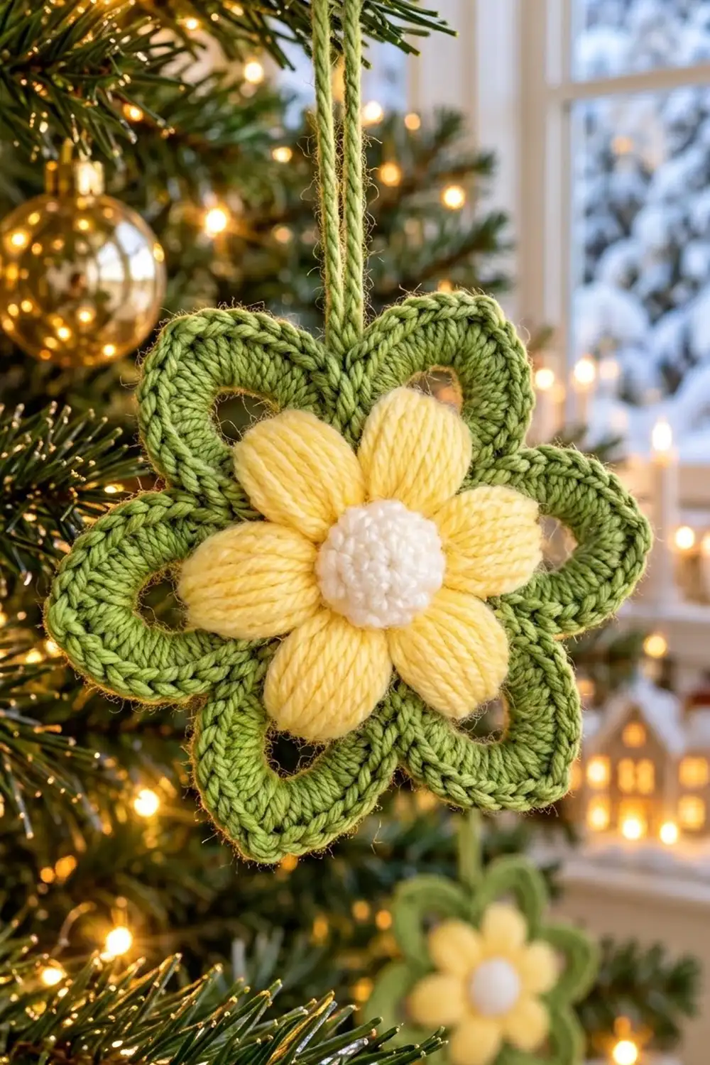 Crocheted flower ornament with green petals, yellow bloom, and white center hanging from evergreen garland with warm fairy lights.