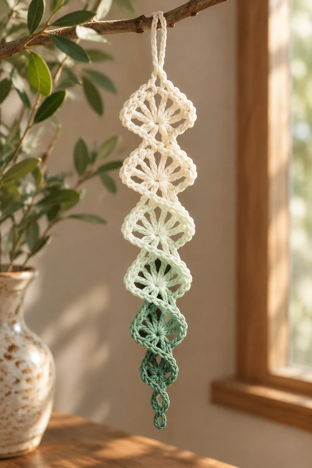 A cream-to-green gradient crochet ornament hangs from a branch beside potted plants near a sunny window.