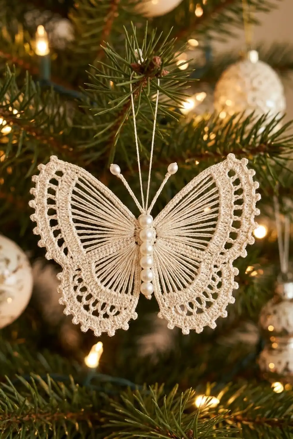 Cream-colored crocheted butterfly ornament with pearl beads hanging on a Christmas tree among evergreen branches and twinkling lights.