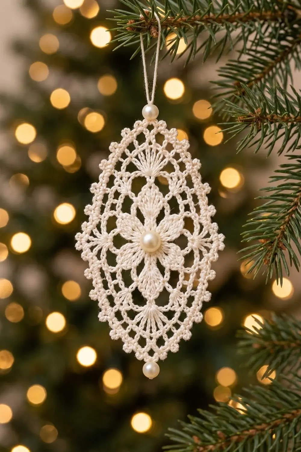 A delicate cream crochet ornament with pearl beads dangles from an evergreen branch with warm golden bokeh lights.