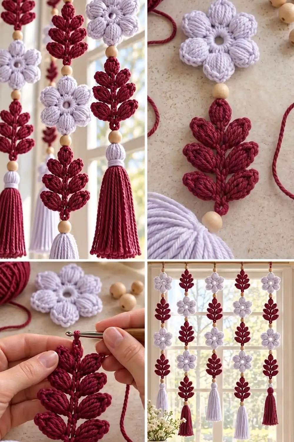 Crochet garland with burgundy leaves and lavender flowers strung with wooden beads and tassels in a bright window.