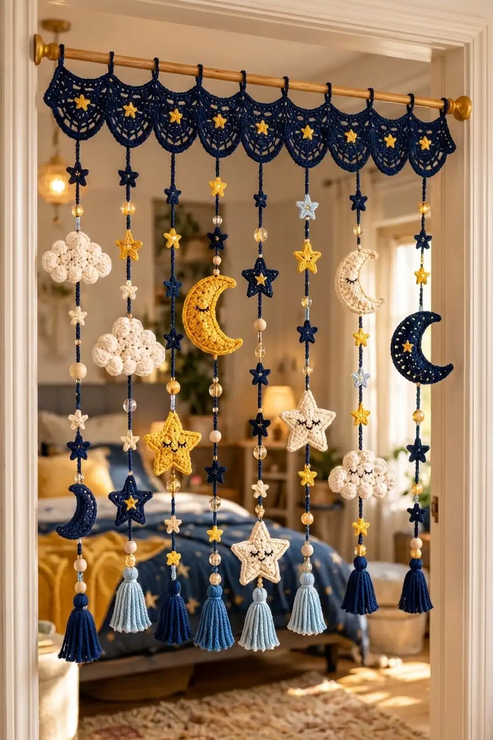 Crocheted navy and cream celestial mobile with stars, moons, and clouds hanging from a scalloped lace valance in a doorway.