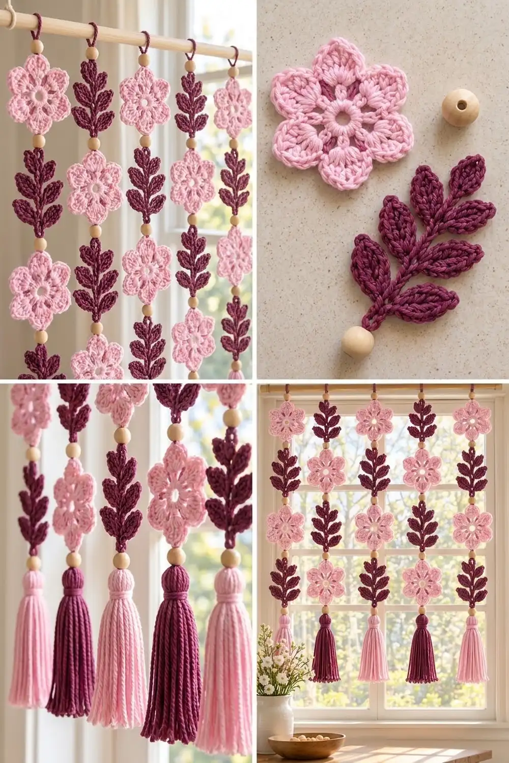 Crocheted flower garland in shades of pink and burgundy with wooden bead accents and tassels, hung in a bright window.