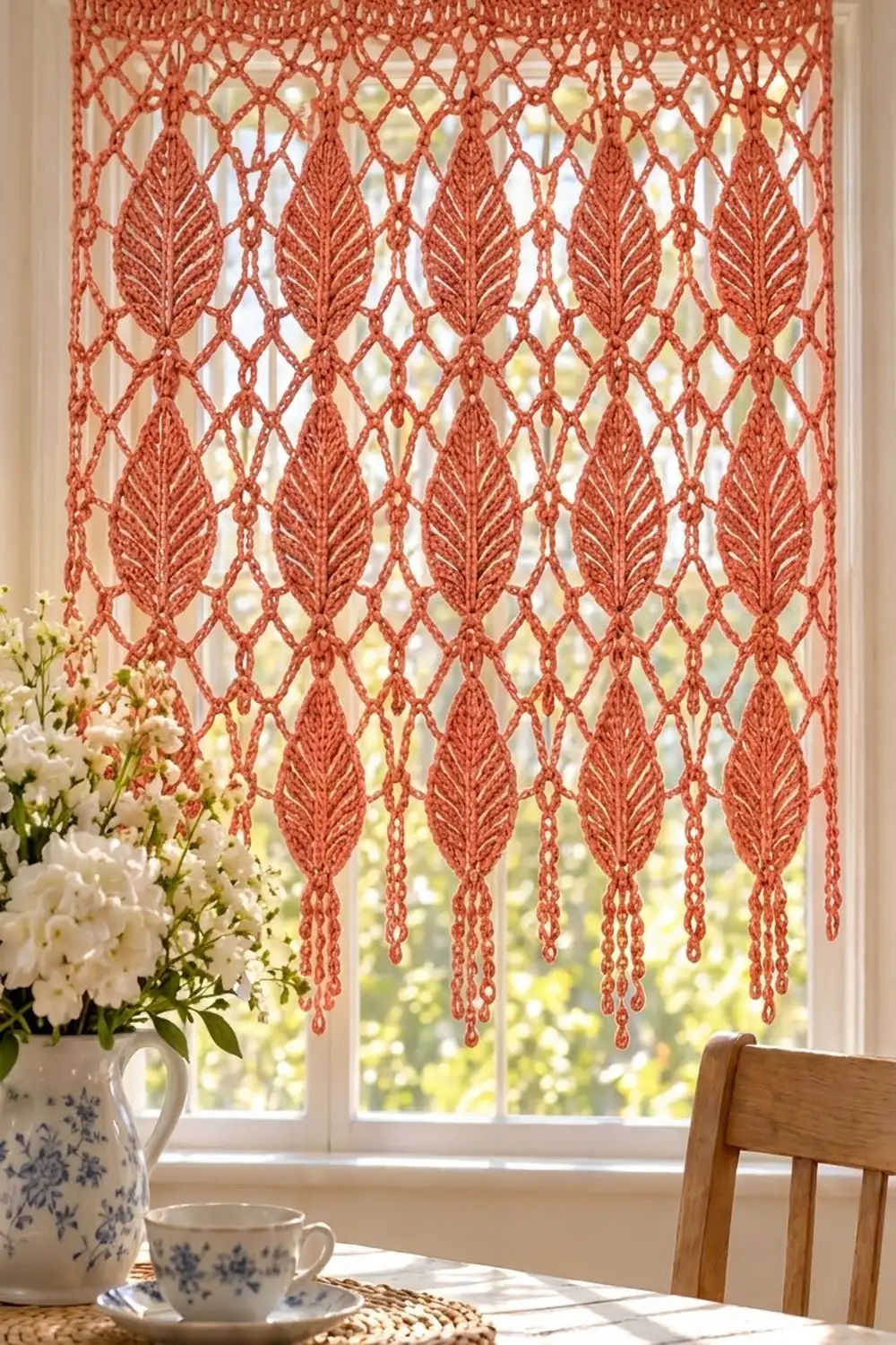 Rust-colored crochet leaf panel hangs in sunlit window beside white flowers in blue and white pitcher.