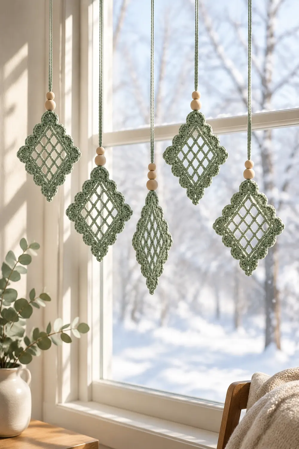 Five crocheted green diamond ornaments with wooden beads hang in a bright window overlooking a snowy winter landscape.