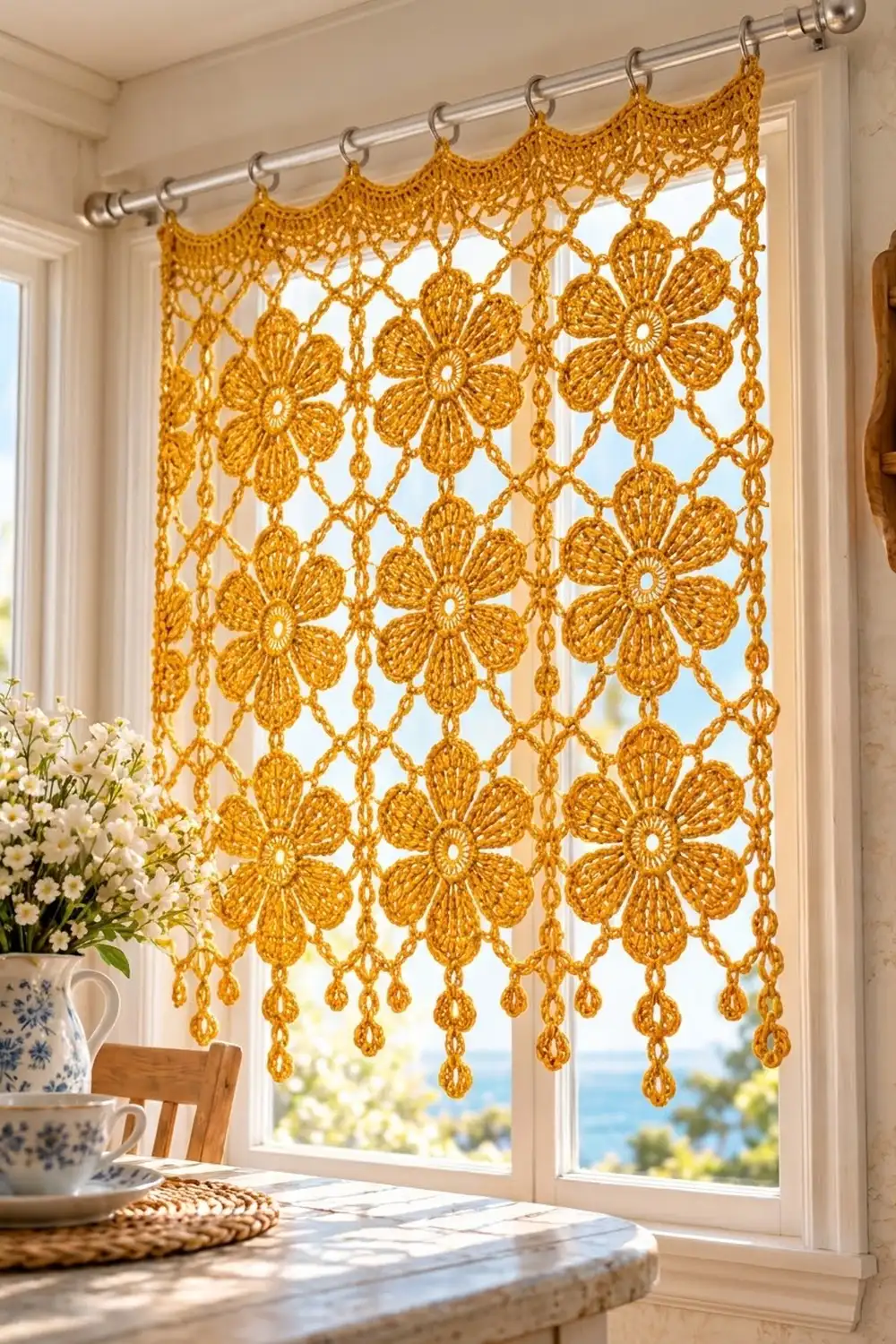 Golden-yellow crochet lace curtain with dimensional flower motifs and beaded drops adorning a coastal cottage window.
