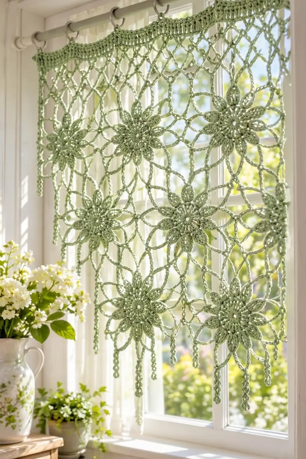 Crocheted sage green curtain with flower medallions hangs at a sunny window beside white potted flowers.