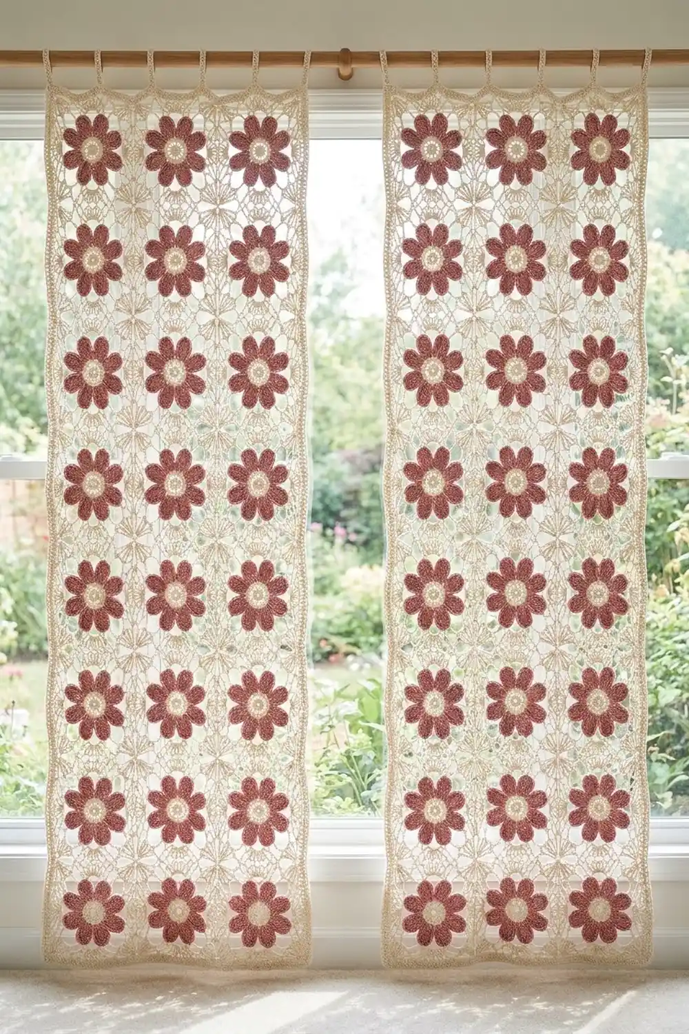 Crochet panels featuring burgundy flowers on cream lace hang at a window with outdoor garden views.