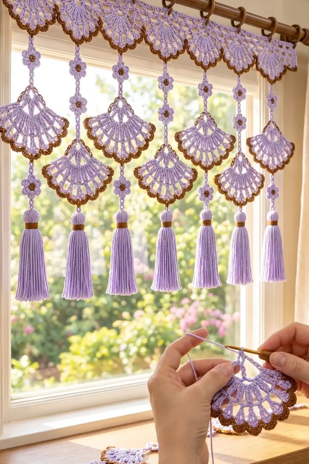 Purple and bronze crocheted window hanging with shell-shaped motifs and tassels displayed against a sunny garden window.
