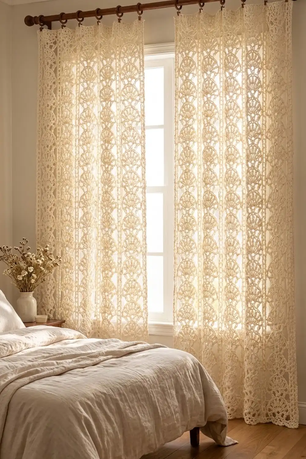 Cream-colored lace curtains featuring ornate damask patterns hang from a dark wooden rod, diffusing natural light into a minimalist bedroom.