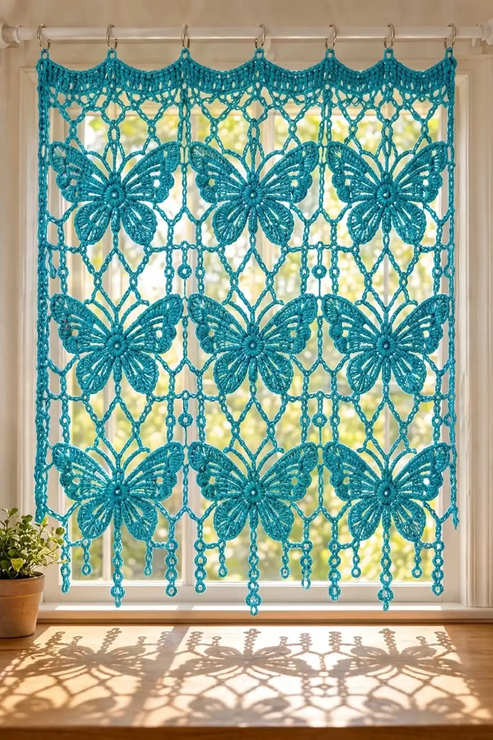 Turquoise crocheted curtain with butterfly motif and beaded fringe hanging on window overlooking green foliage.