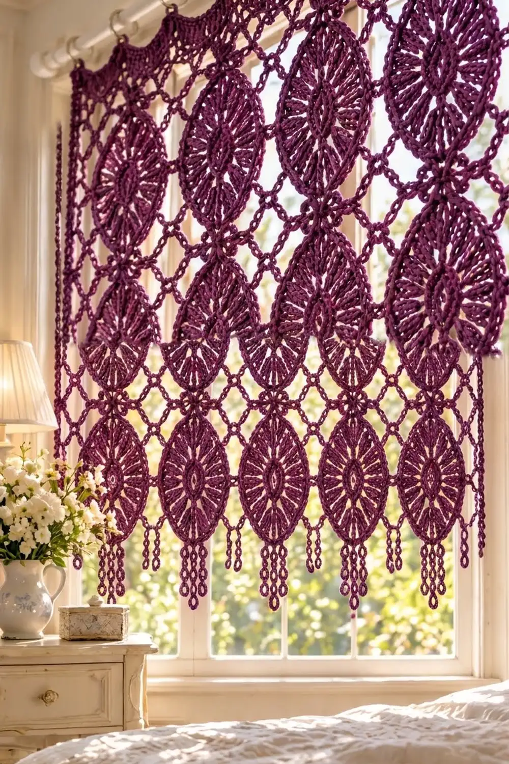 Deep purple crocheted macramé curtain with oval medallions and beaded fringe hangs at a bright window with white flowers.