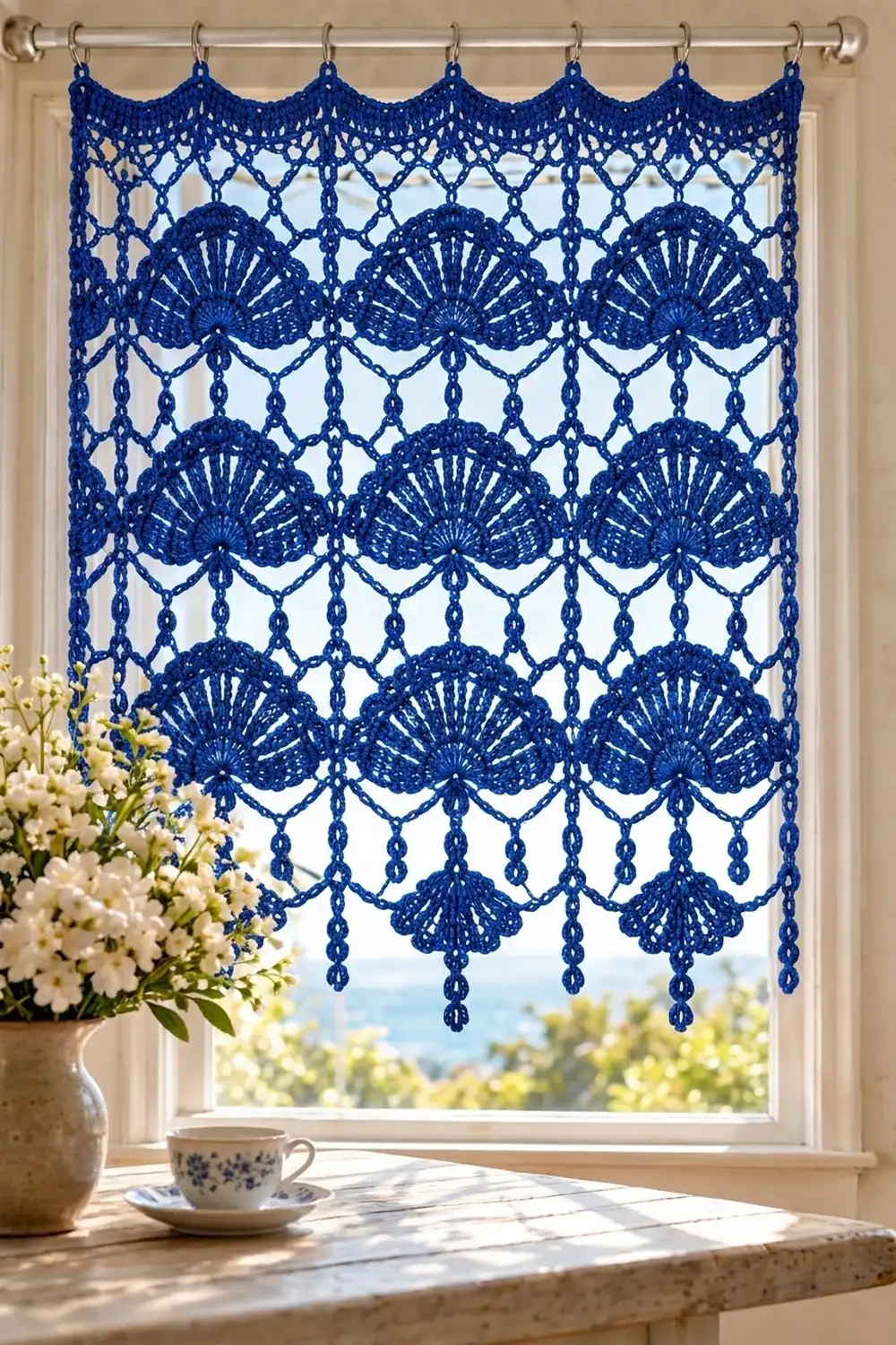 Navy crochet lace curtain with shell motifs hangs in a bright window above a sill with white flowers and teacup.