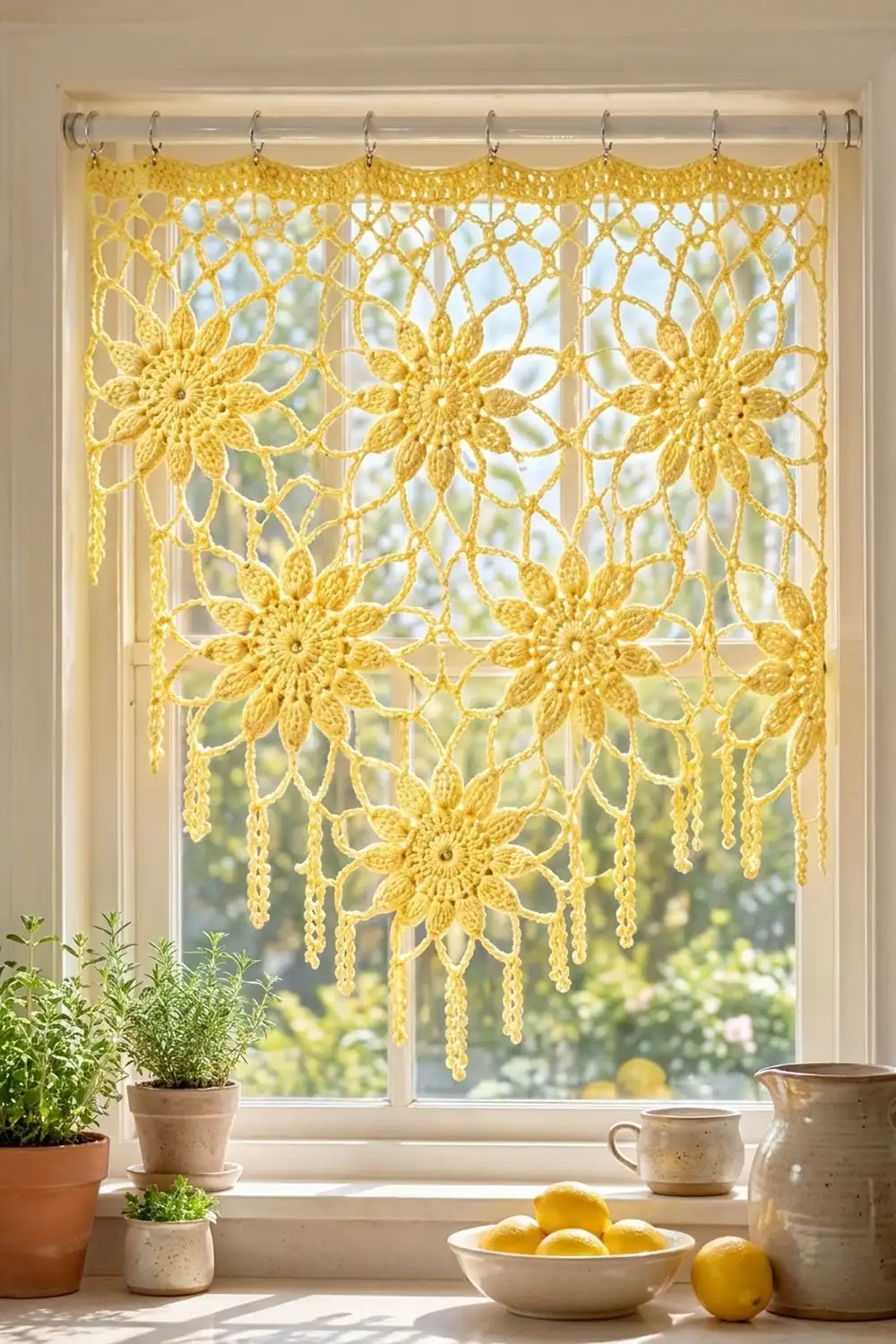 Yellow crocheted lace curtain with flower motifs and tassels hanging in a bright window beside potted herbs and lemons.