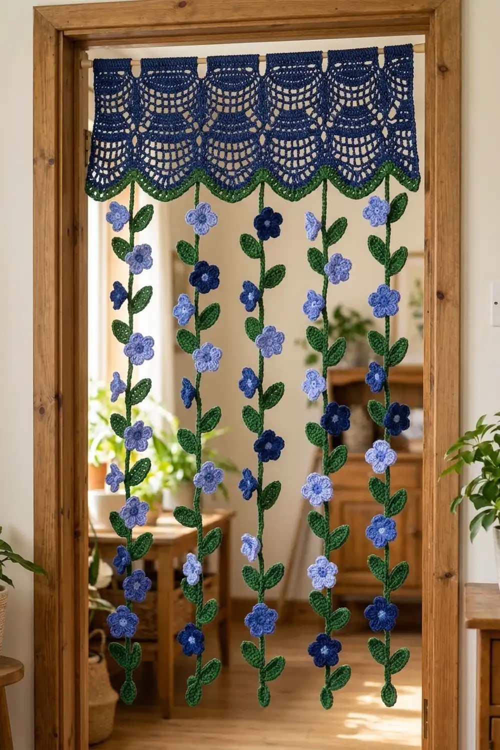 Crocheted door hanging in wooden frame: navy lace valance with suspended blue flowers and green leaves.