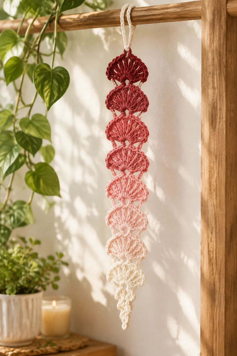 A crocheted ombré ornament in red-to-cream gradient hangs from a wooden frame beside potted greenery.