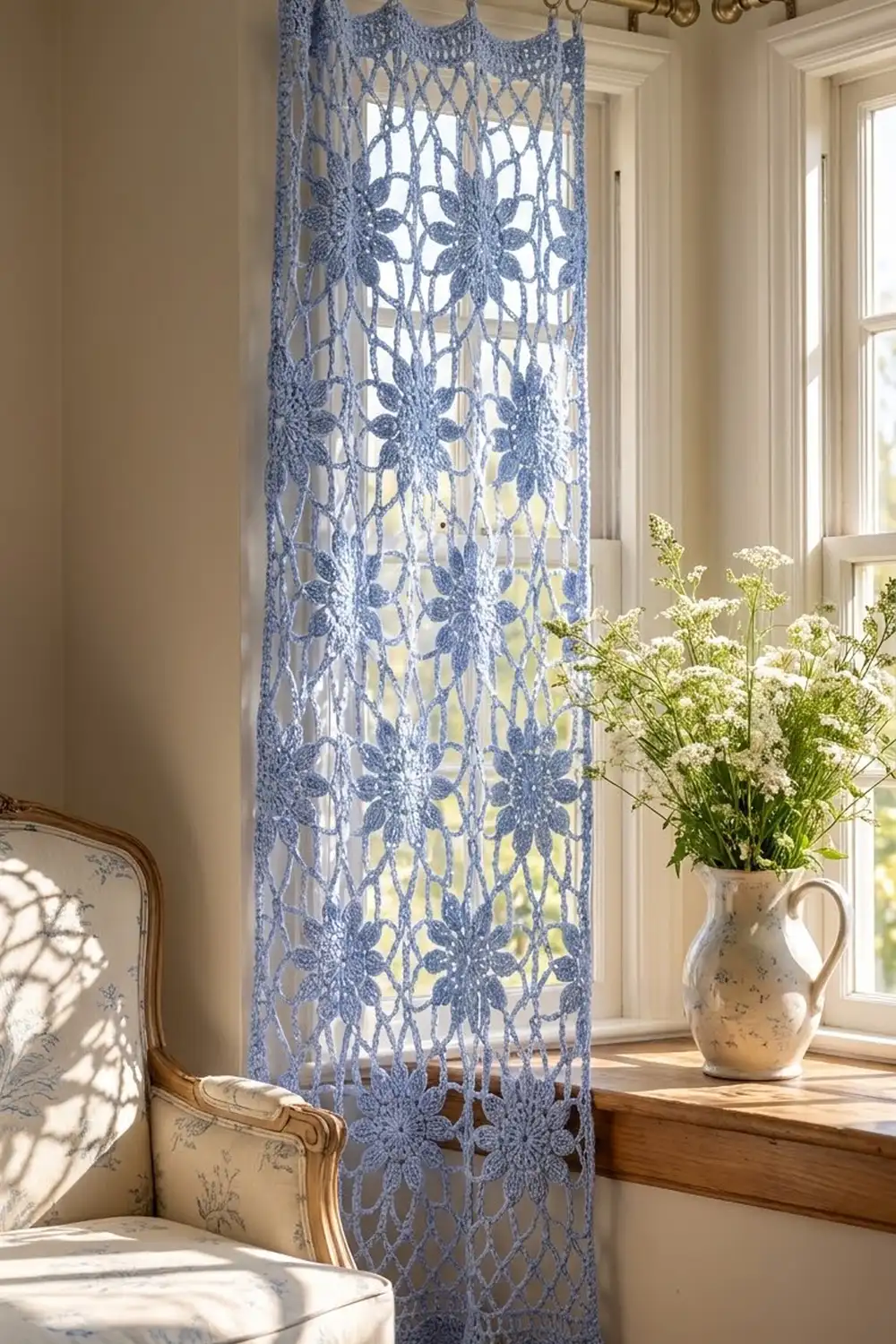 Blue and white crocheted curtain with floral medallions hanging in a bright bedroom window above a windowsill with white flowers.