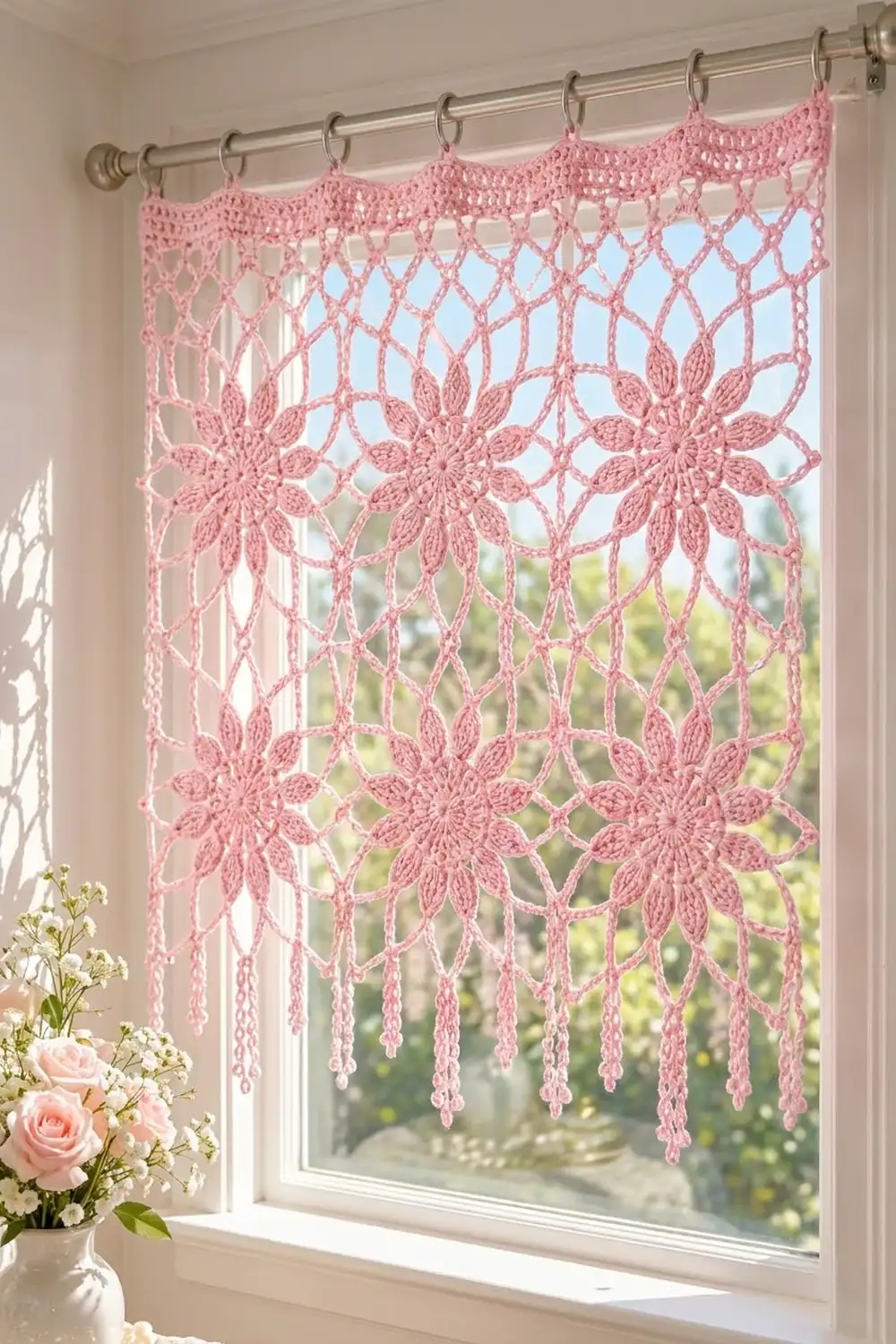 Pink crocheted lace curtain with flower motifs hanging in a bright window above a vase of pink and white flowers.