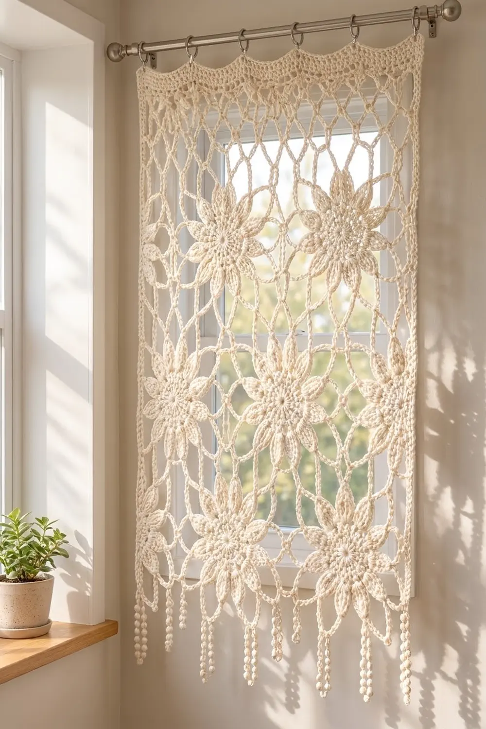 Ivory crocheted lace window panel with large flower motifs and beaded fringe hung on antique brass rod.