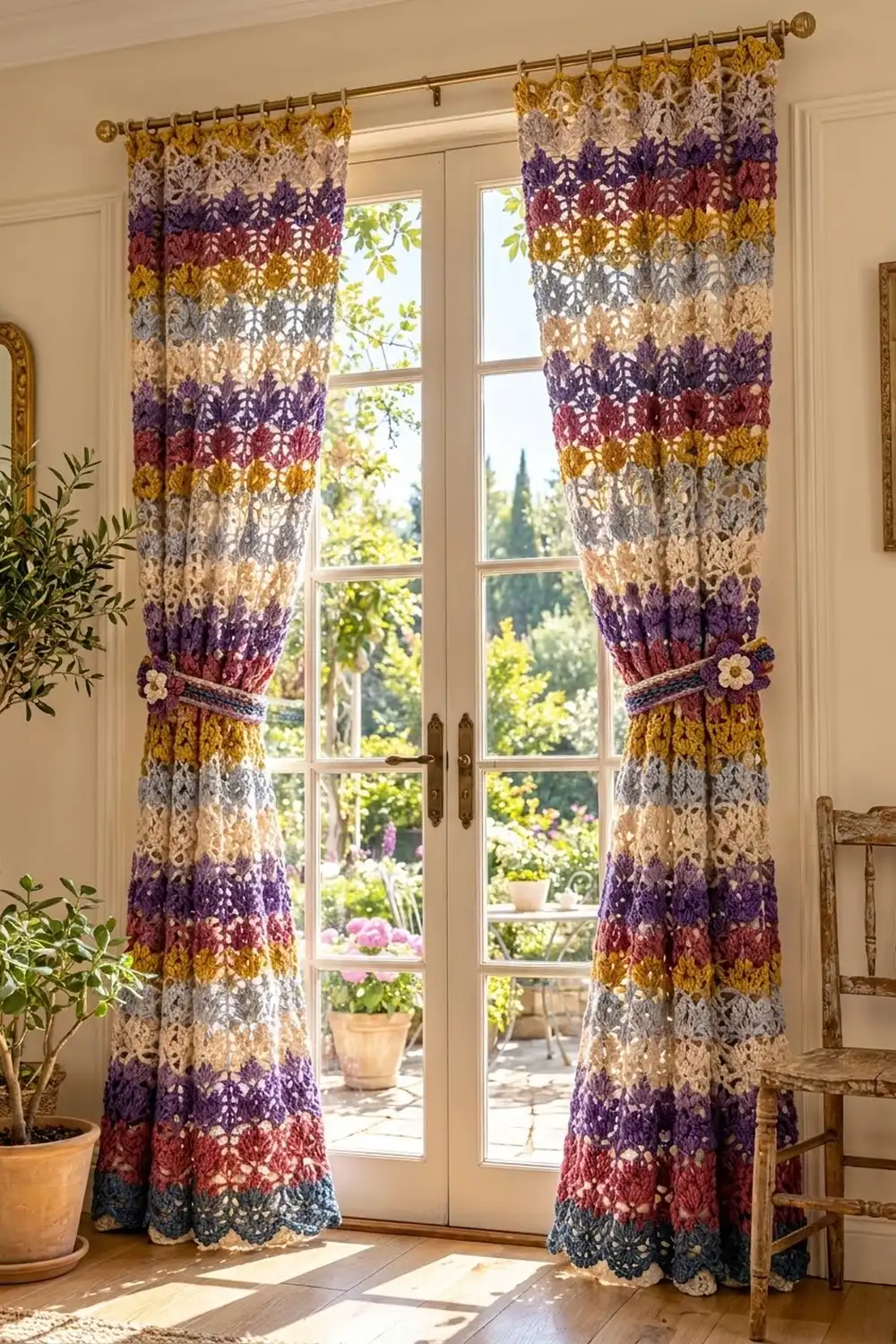 Multicolored striped crochet curtains in gold, purple, burgundy, gray, and cream hang at elegant French doors with crocheted flower tie-backs.