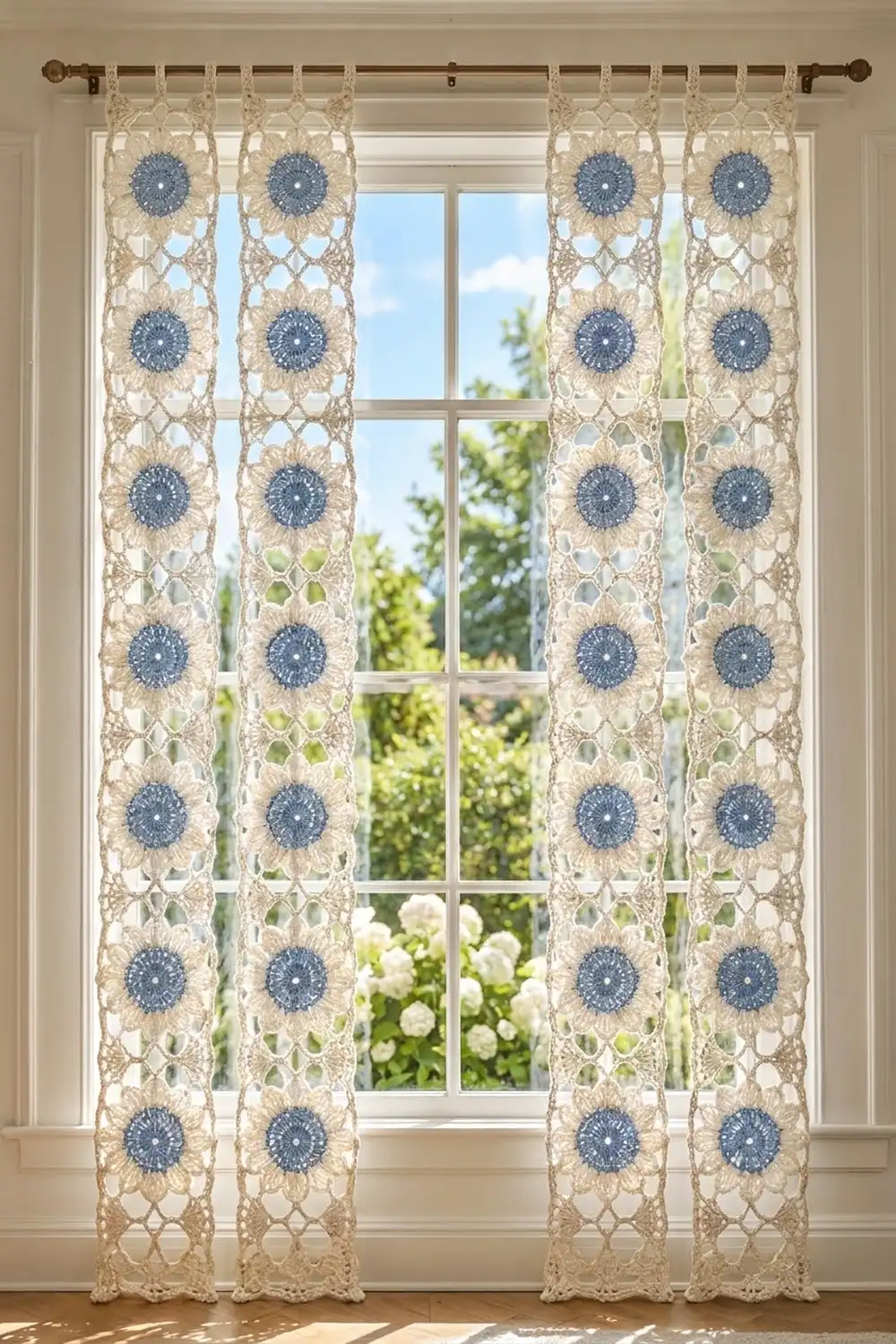 Cream and blue crocheted lace curtains with circular medallions hang at a window, framing a green garden landscape.