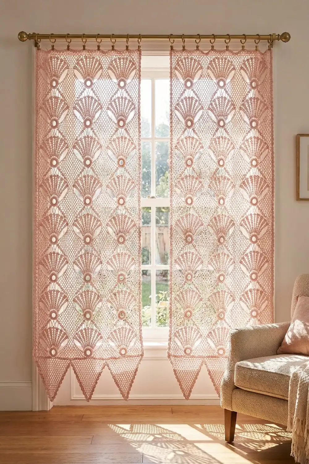 Dusty rose lace curtains with shell motif and triangular hem hang on brass rod beside upholstered chair.