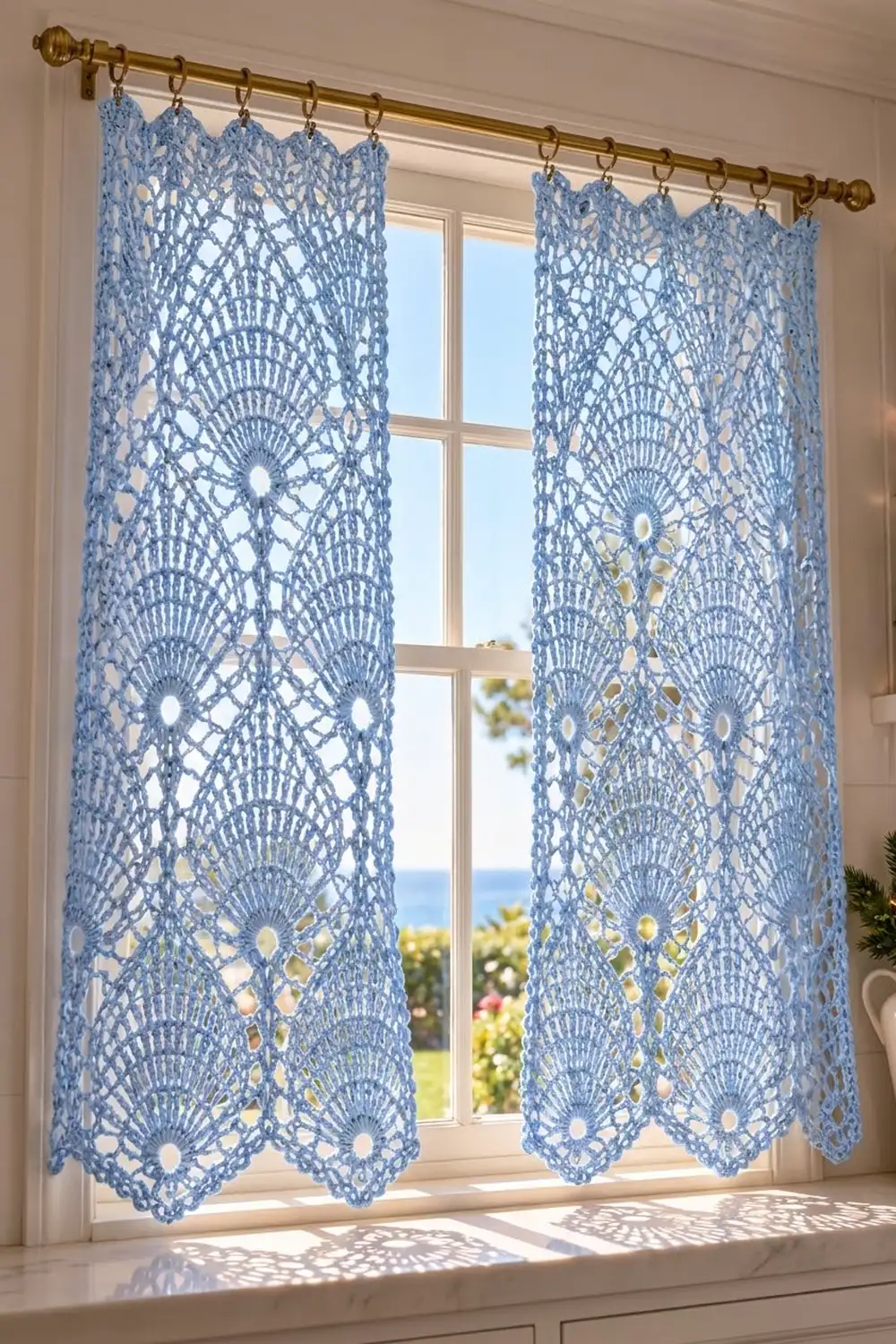 Blue crocheted lace curtains with delicate fan patterns hang from a brass rod, framing a sunny window overlooking gardens.