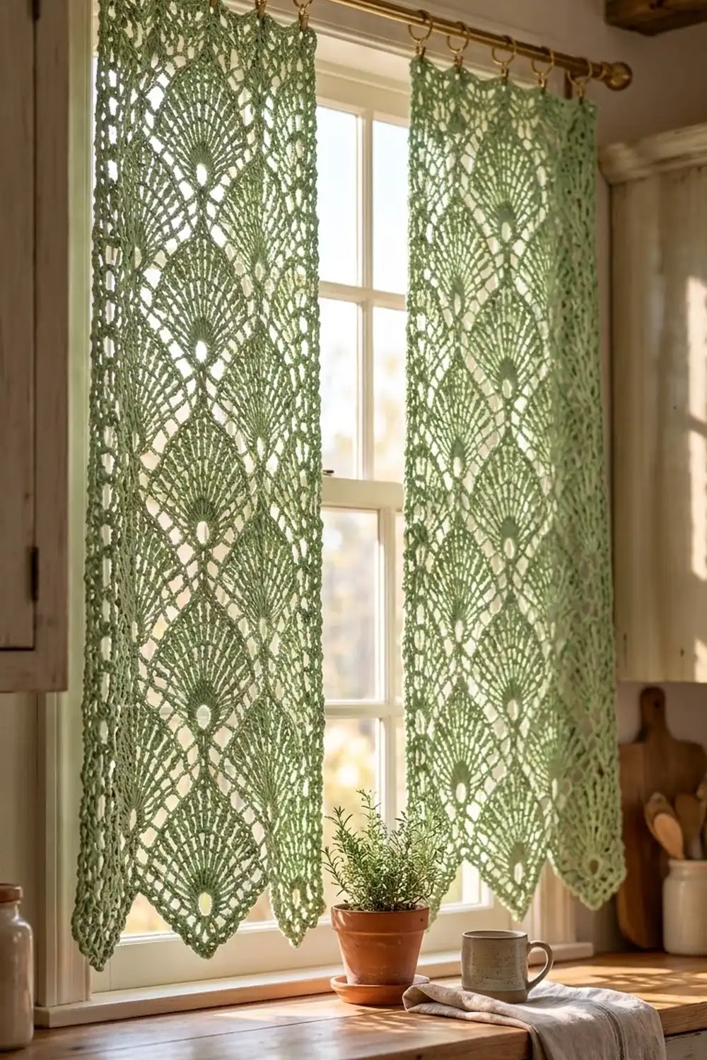 Sage green crocheted lace curtains with geometric patterns hang on a sunlit window beside potted herbs and a ceramic mug.
