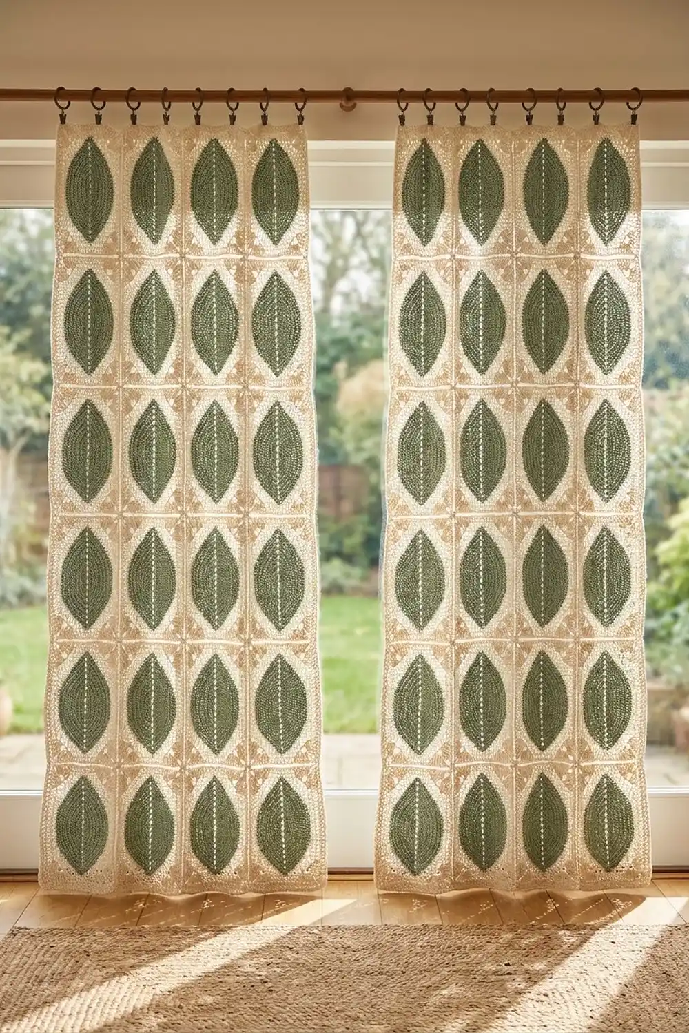 Cream-colored crocheted curtains with dark green leaf motifs hang at a bright window with natural garden backdrop.