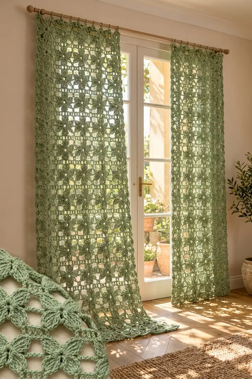 Sage green crocheted lace curtains with delicate flower motifs frame a sunlit doorway with outdoor view.