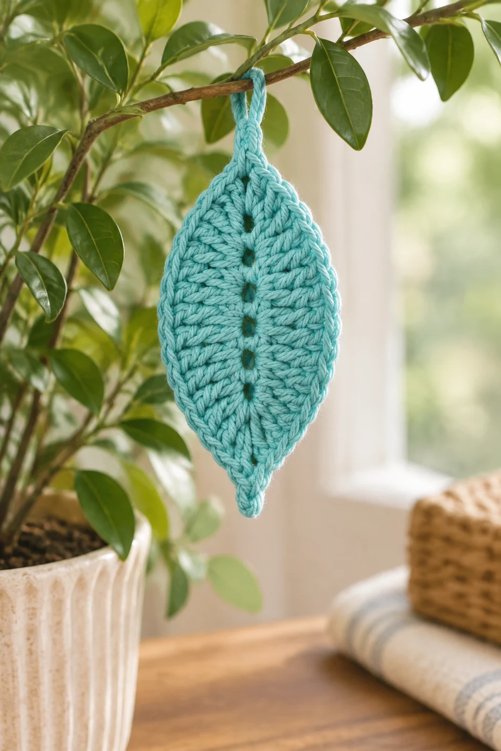 A turquoise crocheted leaf ornament hangs from a potted plant branch in a styled home setting.