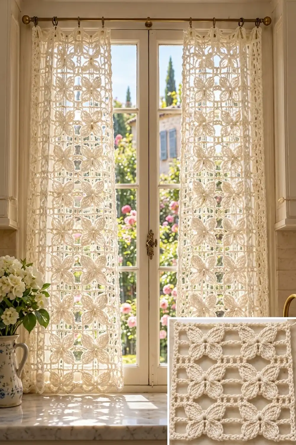 Cream crocheted curtains with geometric pattern hang from brass rod, framing a sunlit garden with pink roses and cypress trees.