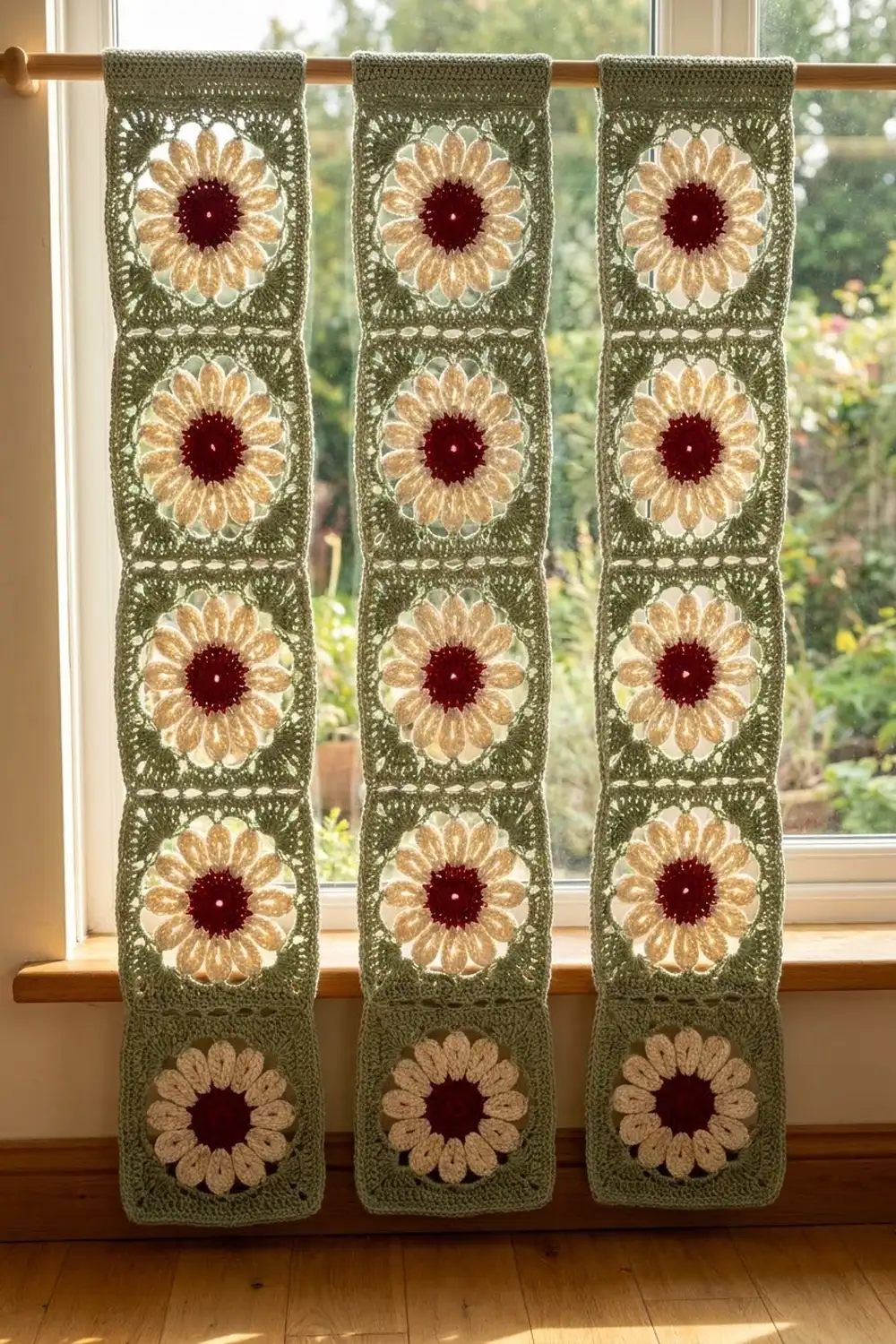 Three crocheted panels with cream sunflowers and burgundy centers on sage green, hanging in a bright window.