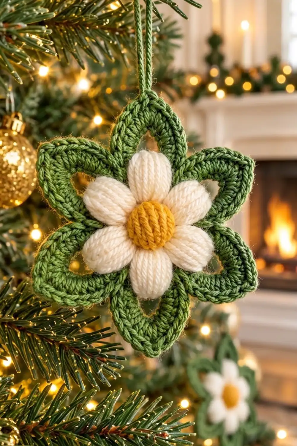 Handmade crochet flower ornament with green petals, white center, and yellow middle hanging on an evergreen Christmas tree with warm lights.
