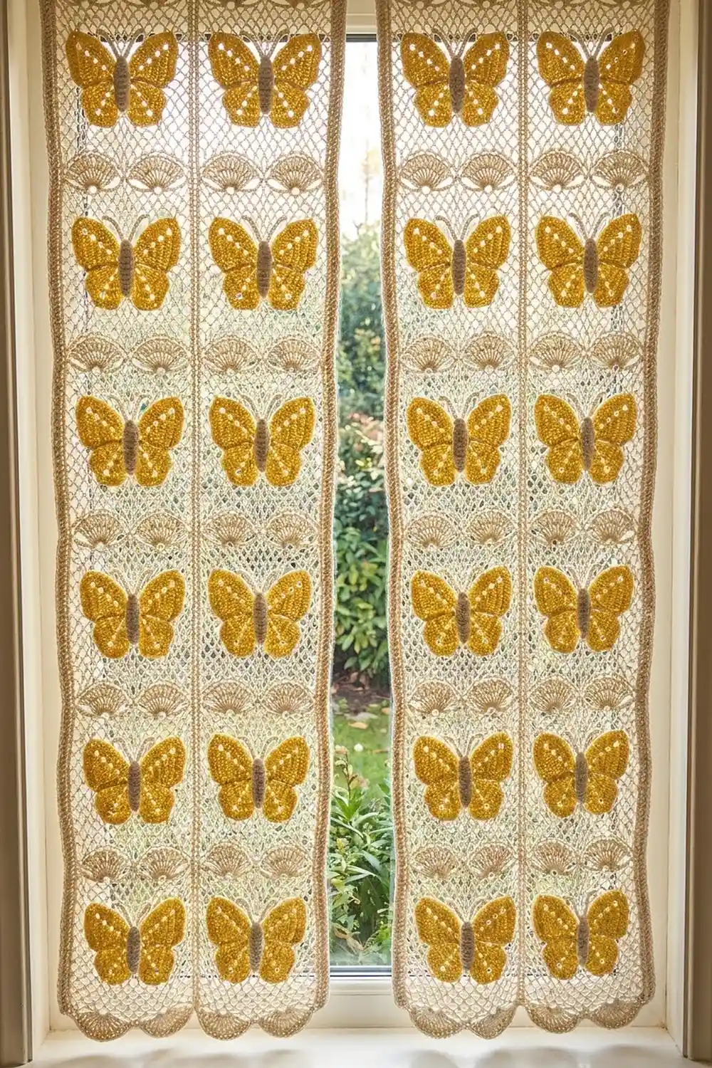 Cream lace curtains with golden butterfly and fan-shell patterns hanging in a sunny window overlooking a garden.